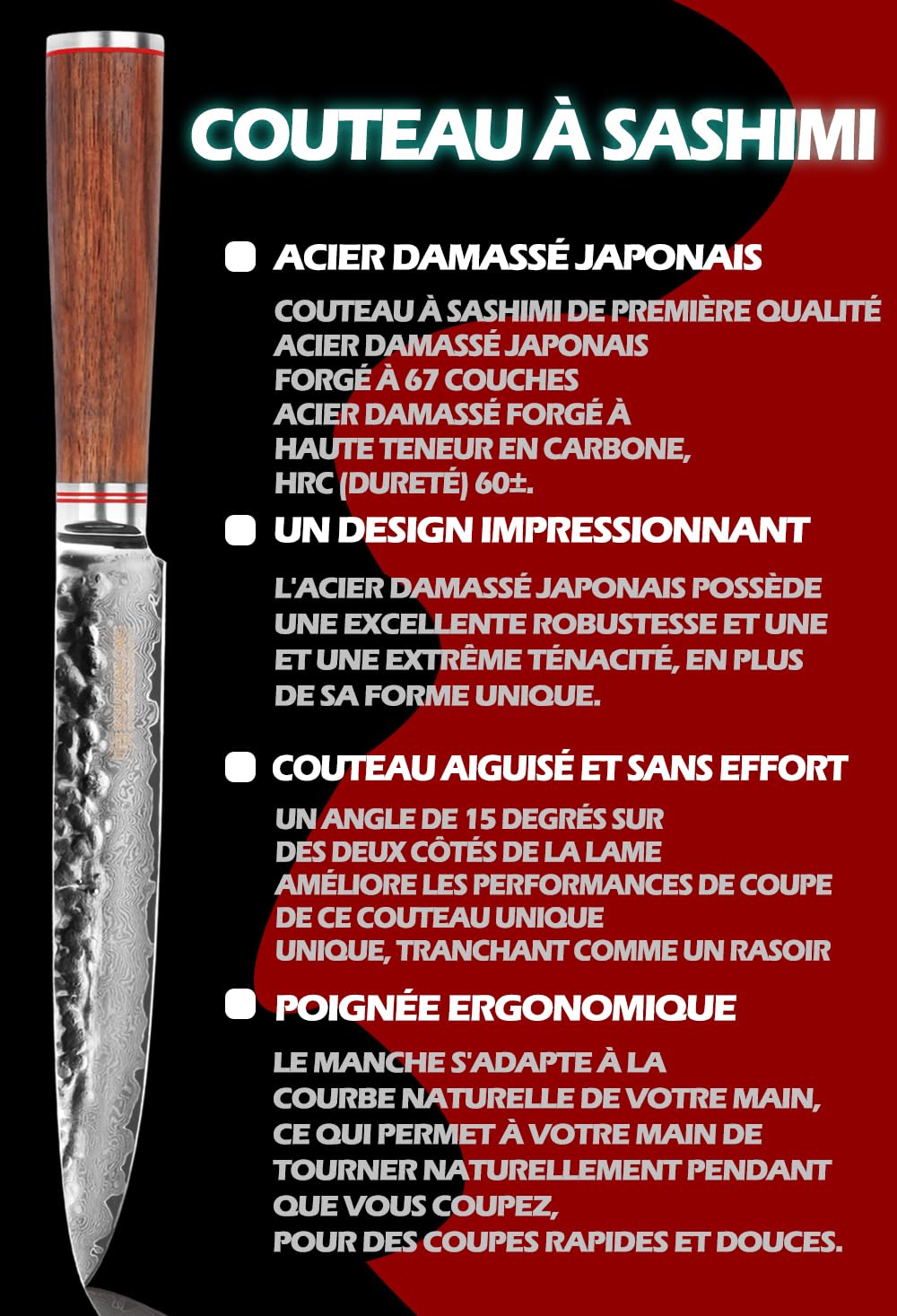 YOUSUNLONG Couteaux à découper - Couteaux à Sashimi Lame aiguisée 200mm - Couteau à Sushi Japonais VG10 Acier Damas Martelé - Manche en bois de noyer naturel avec étui en cuir