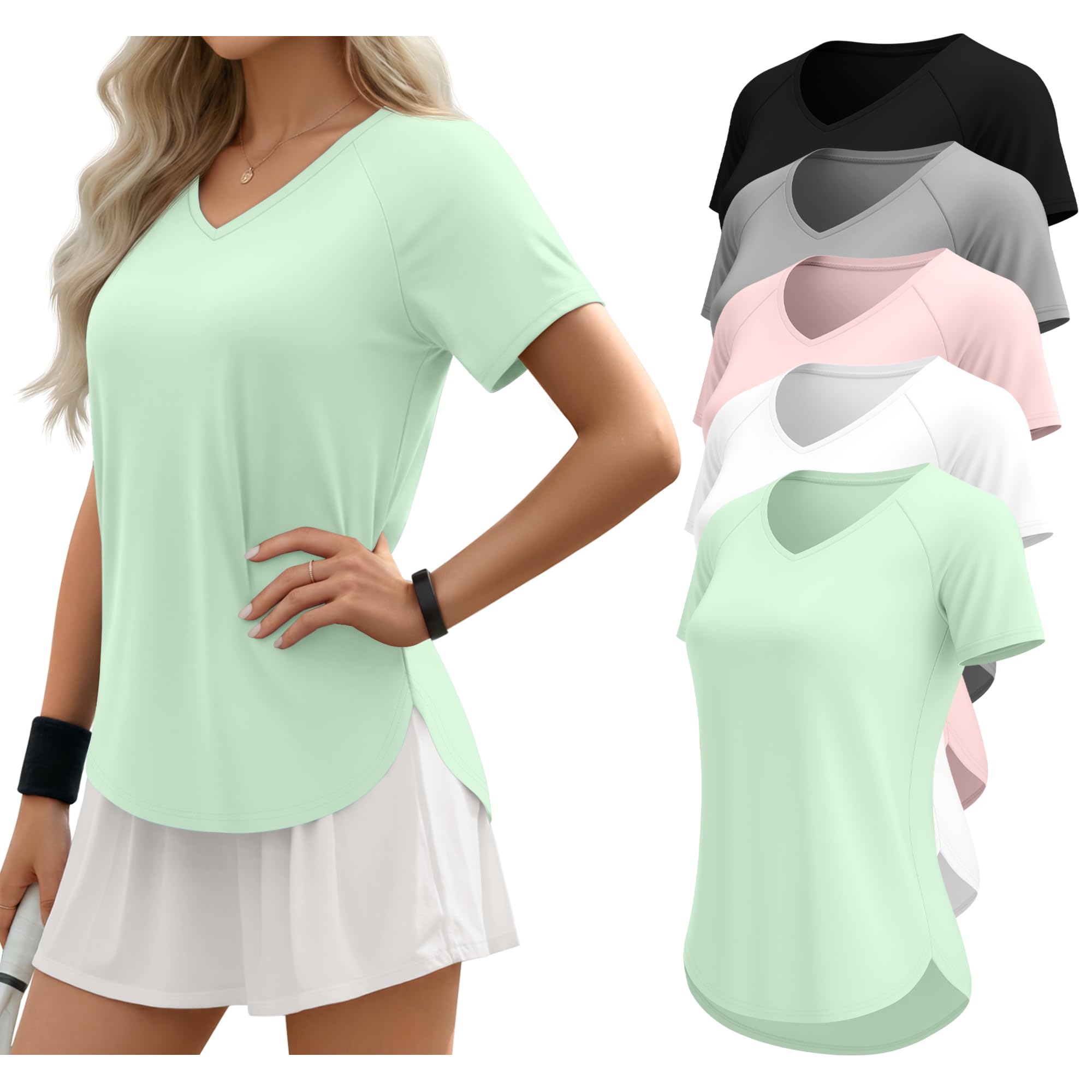 5 Pack Women Workout T-Shirts Quick Dry UPF 50 Sun Protection Yoga Gym V Neck Raglan Tops Side