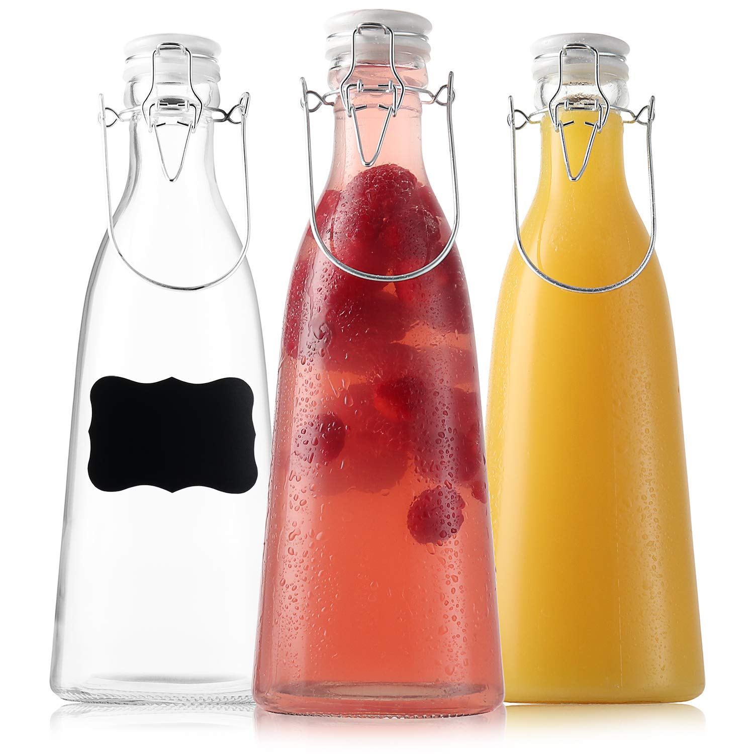 Ceramic Flip Top Glass Bottles - Bottles with Swing Top Lids – Clear Bottles with Stopper - Swing Top Bottles for Beverages, Smoothies, Kefir, Soda, Juicing, Kombucha, Water, Milk, Oil and Vinegar (3 Pack 32 Oz)