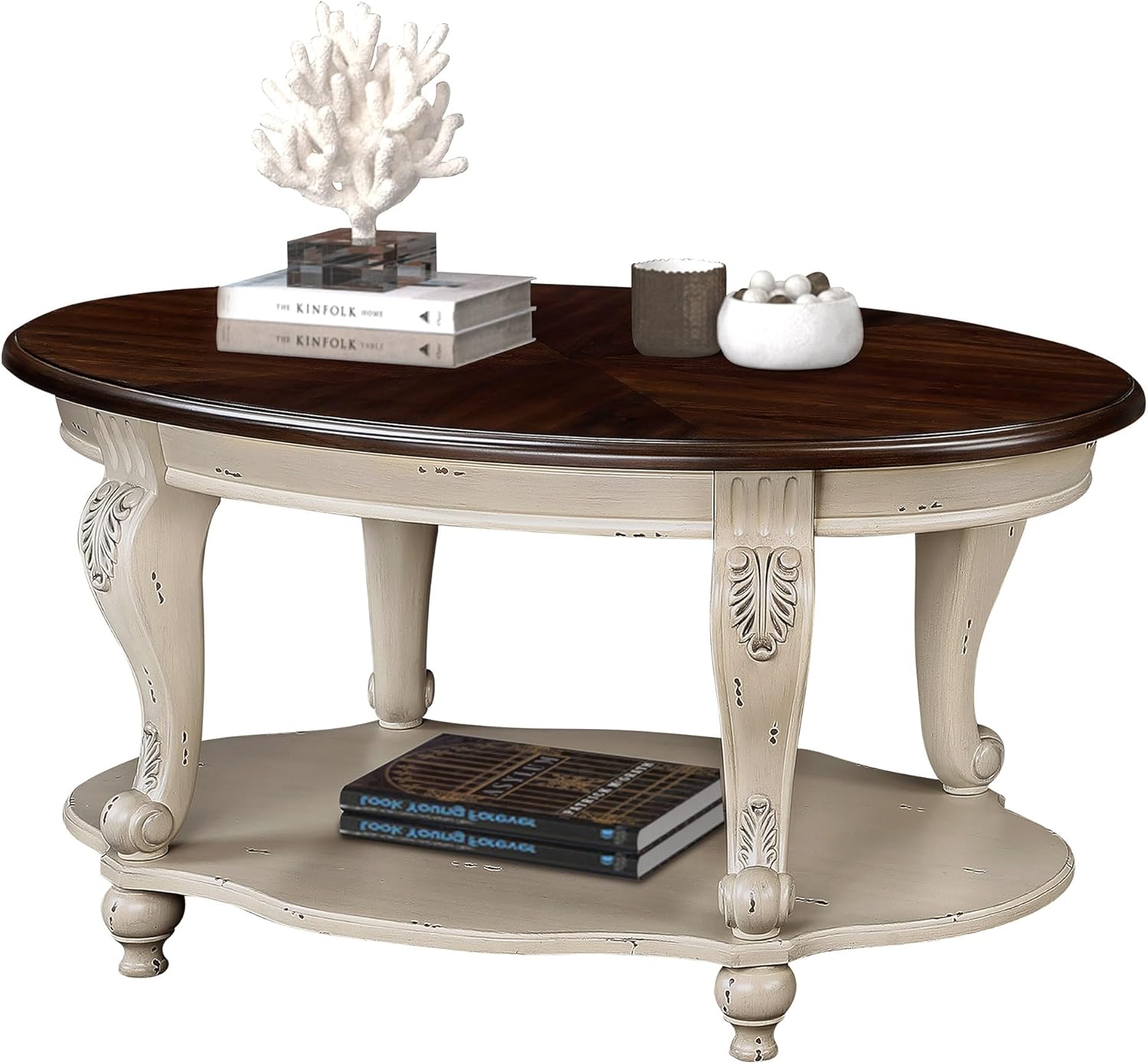 P PURLOVE 42'' Oval Wood Coffee Table with Open Storage Shelf for Living Room, Easy Assembly (Beige and Espresso)