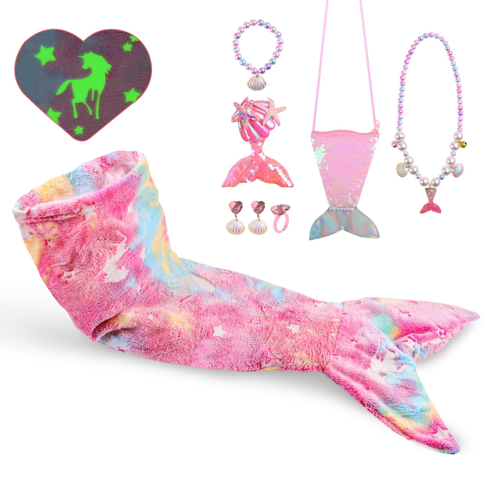 Cyiecw Saco Dormir Niña Manta Infantil Sirena 100x50CM, Aleta de Sirena Niños Manta Resplandor en la Oscuridad, Manta de Franela Sirena con Bolso de Lentejuelas y Accesorios de Joyería de Sirena
