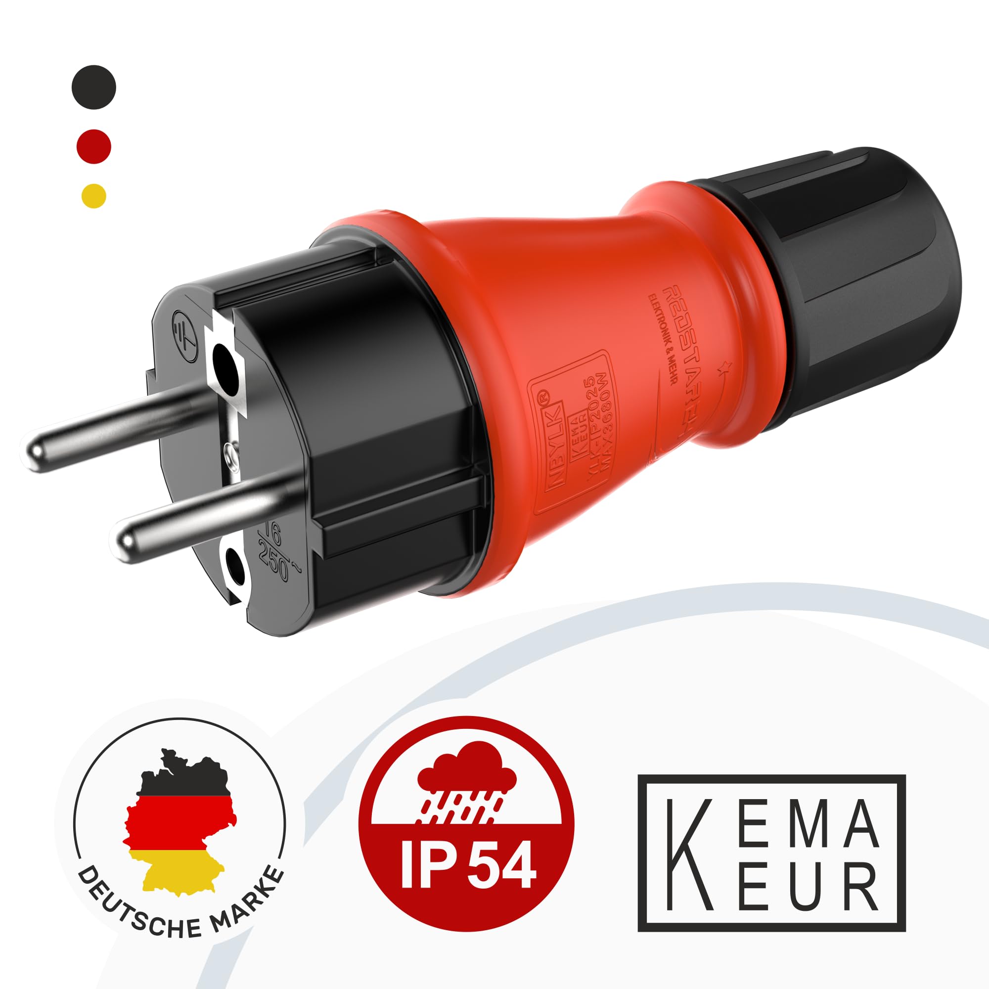 RedStar24 Enchufe Schuko 230V IP54 Set de 4 Conectores de protección robustos de goma y plástico, negro rojo | Diseño herméticamente sellado | Perfecto para exteriores | Conector eléctrico de 3 polos