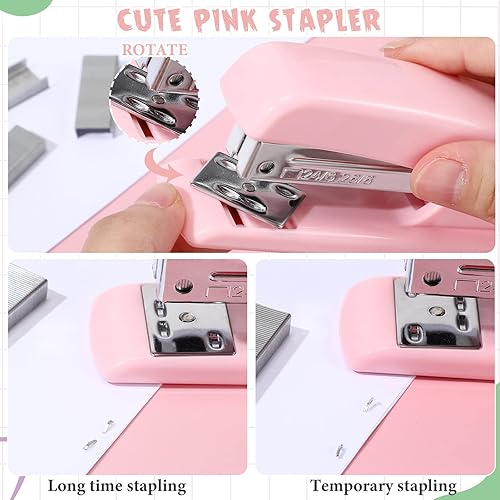 Miniatura 4 de Sabary Kit de accesorios de escritorio rosa de 12 piezas, incluye grapadora con grapas, dispensador de cinta, removedor de grapas, adhesivo con