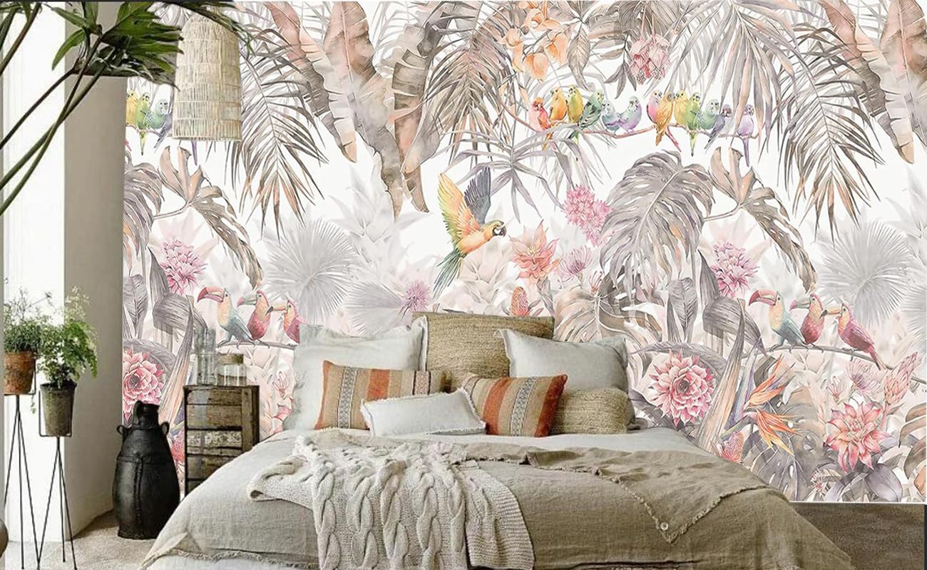 Carta da parati 3D panoramica giungla in seta tropicale, 500 x 280 cm, piante rosa, fiori, foglie, uccello, pappagallo, grande poster da parete per soggiorno, adulti, cameretta dei bambini, studio
