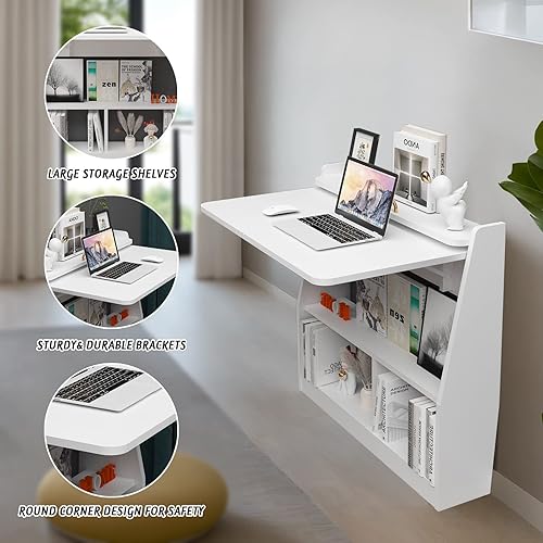 Miniatura 4 de Pmnianhua Escritorio Montado en la Pared, Escritorio Plegable de Madera que Ahorra Espacio Escritorio de Pared con Estante de Almacenamiento Mesa de
