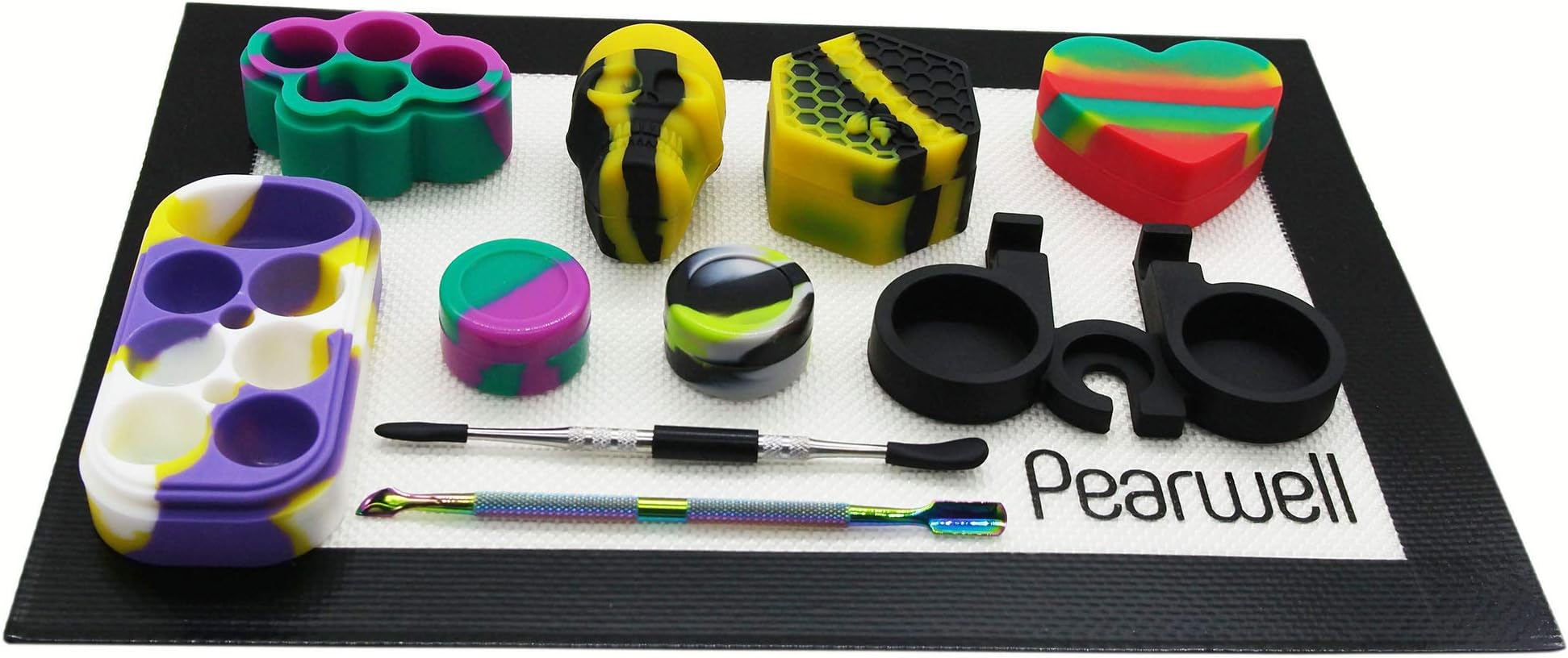 Pearwell Silicone Wax Containers 5ML 15ML 17ml 26ml 34ml Multi Compartment Concentrate Jars with Large Black Mat and Carving Tools