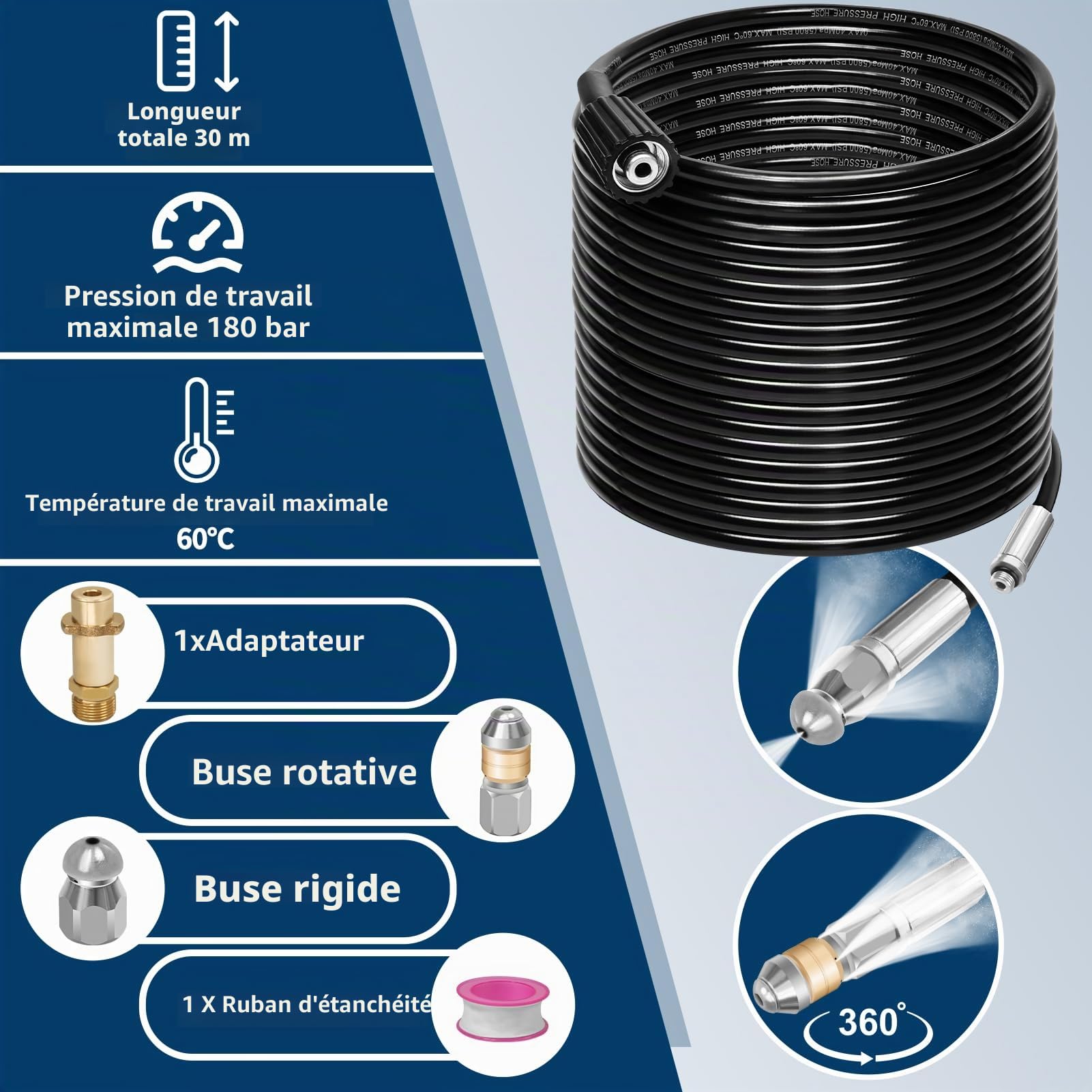 Kit de tuyau de nettoyage de canalisations 30 m, 180 bar, 60 °C, avec buses rigides et rotatives, 1 adaptateur compatible avec K2, K3, K4, K5, K6, K7