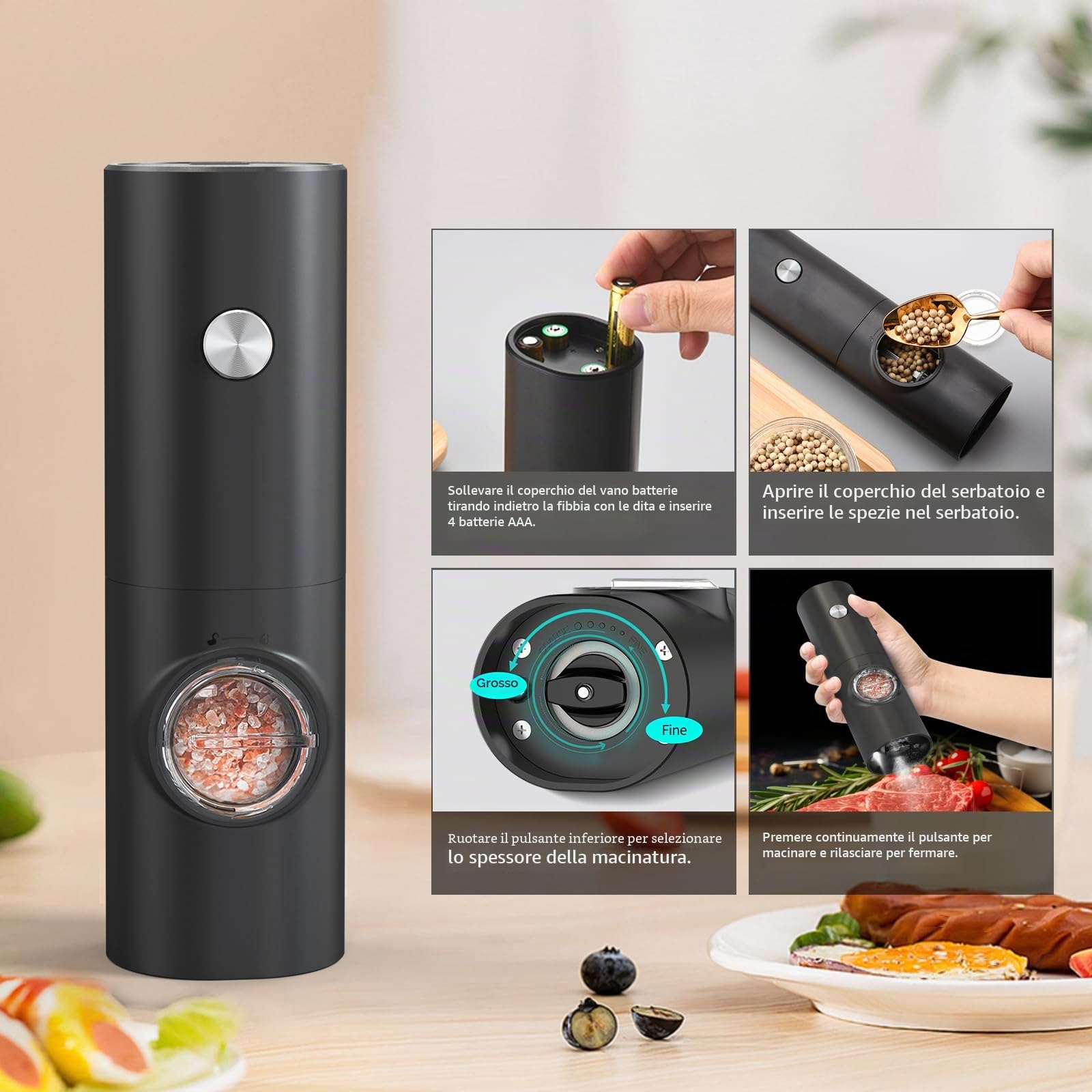 CIRCLE JOY Set Macina Sale e Pepe Elettrico a Batteria Macinaspezie con Base, Luce LED Bianca e Rugosità Regolabile, Bianco Nero