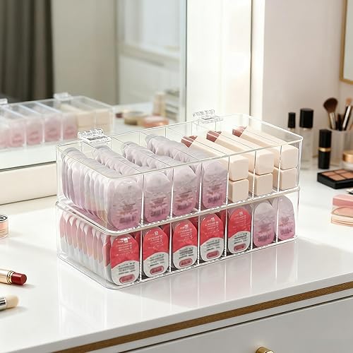Miniatura 9 de Paquete de 2 organizadores de maquillaje acrílico transparente, organizador de baño de 7 secciones para cajón, vitrinas de cosméticos con tapa,