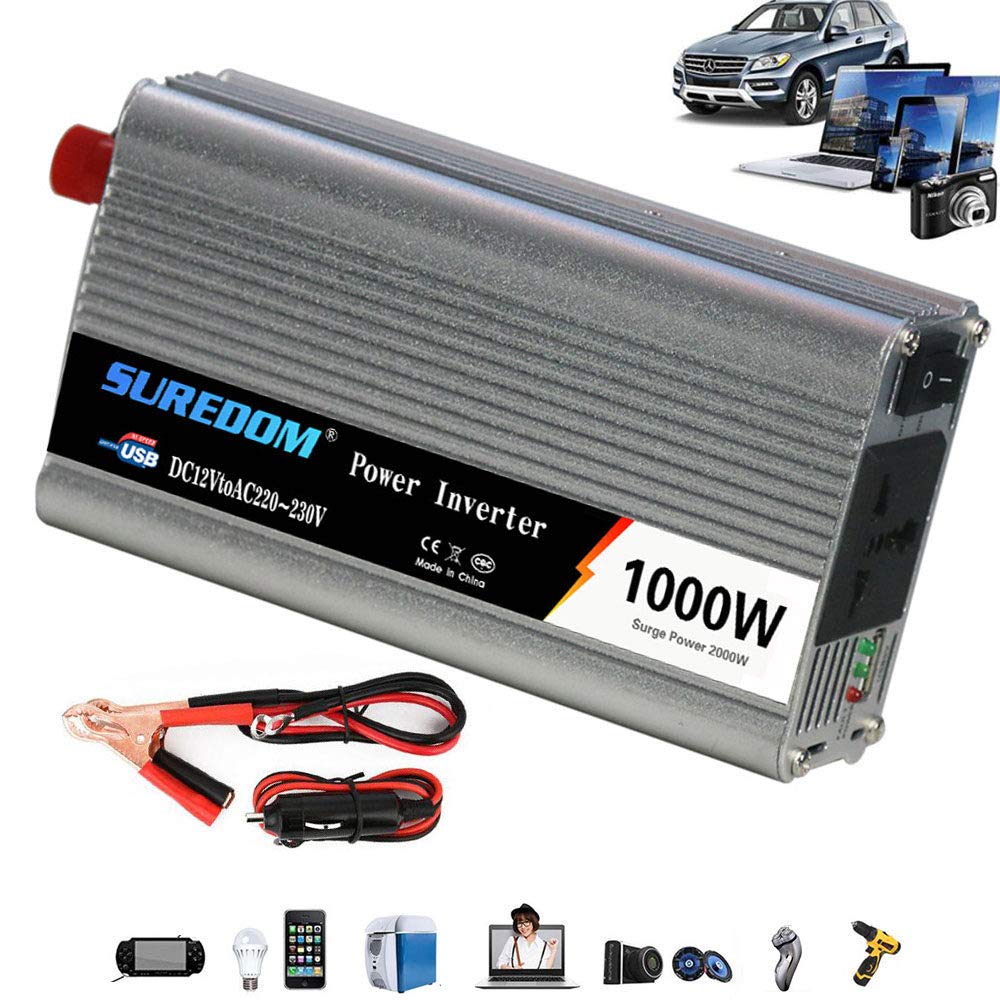 Przetwornica napięcia 1000 W (szczytowa 2000 W), 12 V/24 V na 110 V/230 V, z portami USB, gniazda zapalniczki samochodowej, 24 V to110 V