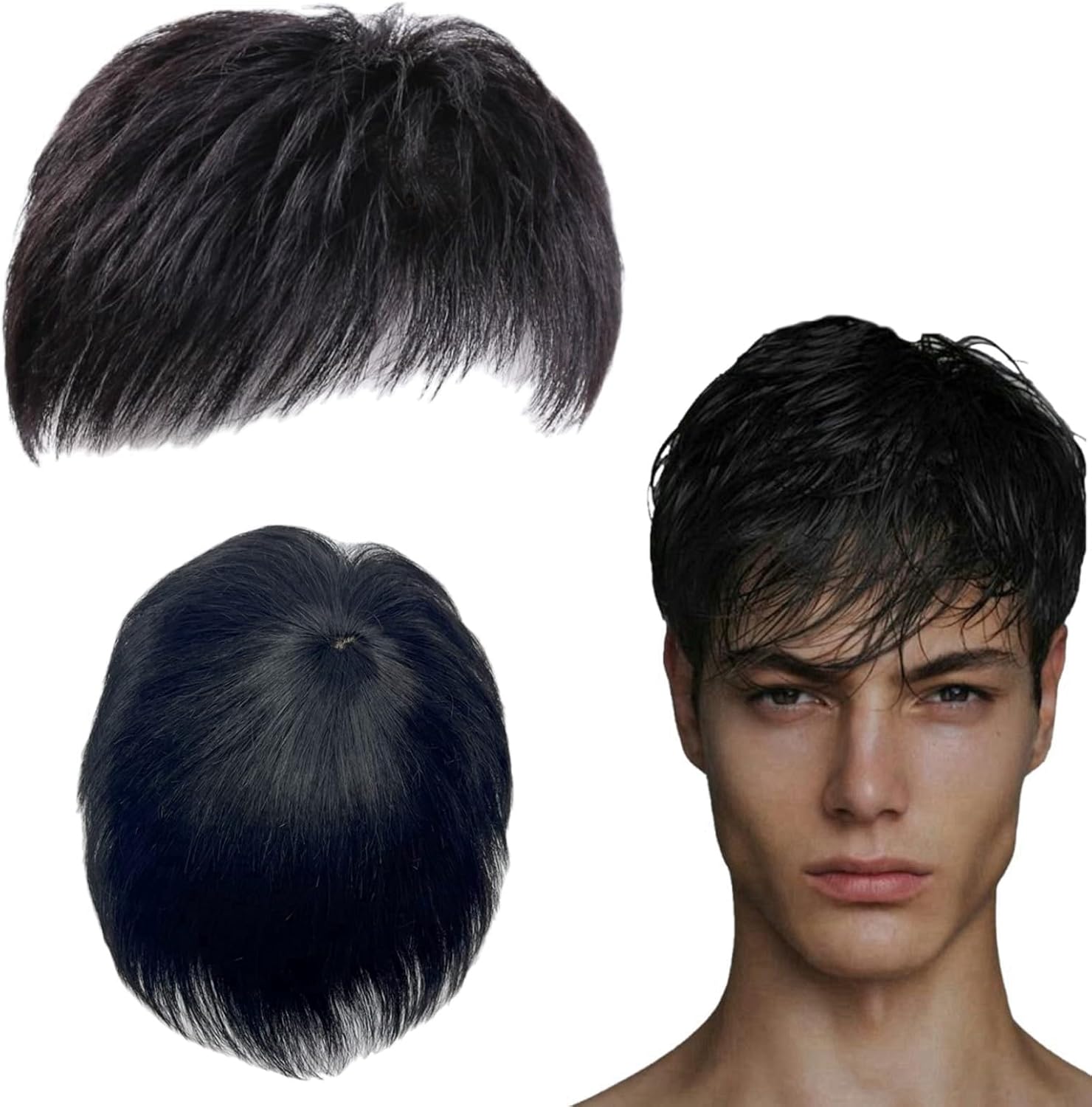 Men Short Hair Toupee Toppers Hairpiece,ClipsOn Mens Wig Black,Hair