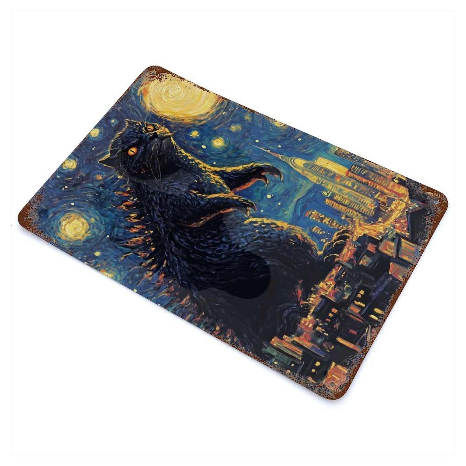 Catzilla Starry Night Rust Effect Tin Sign 11.8"x7.9", Rustic Home Decor for Garage, Bar And Workshop Decor