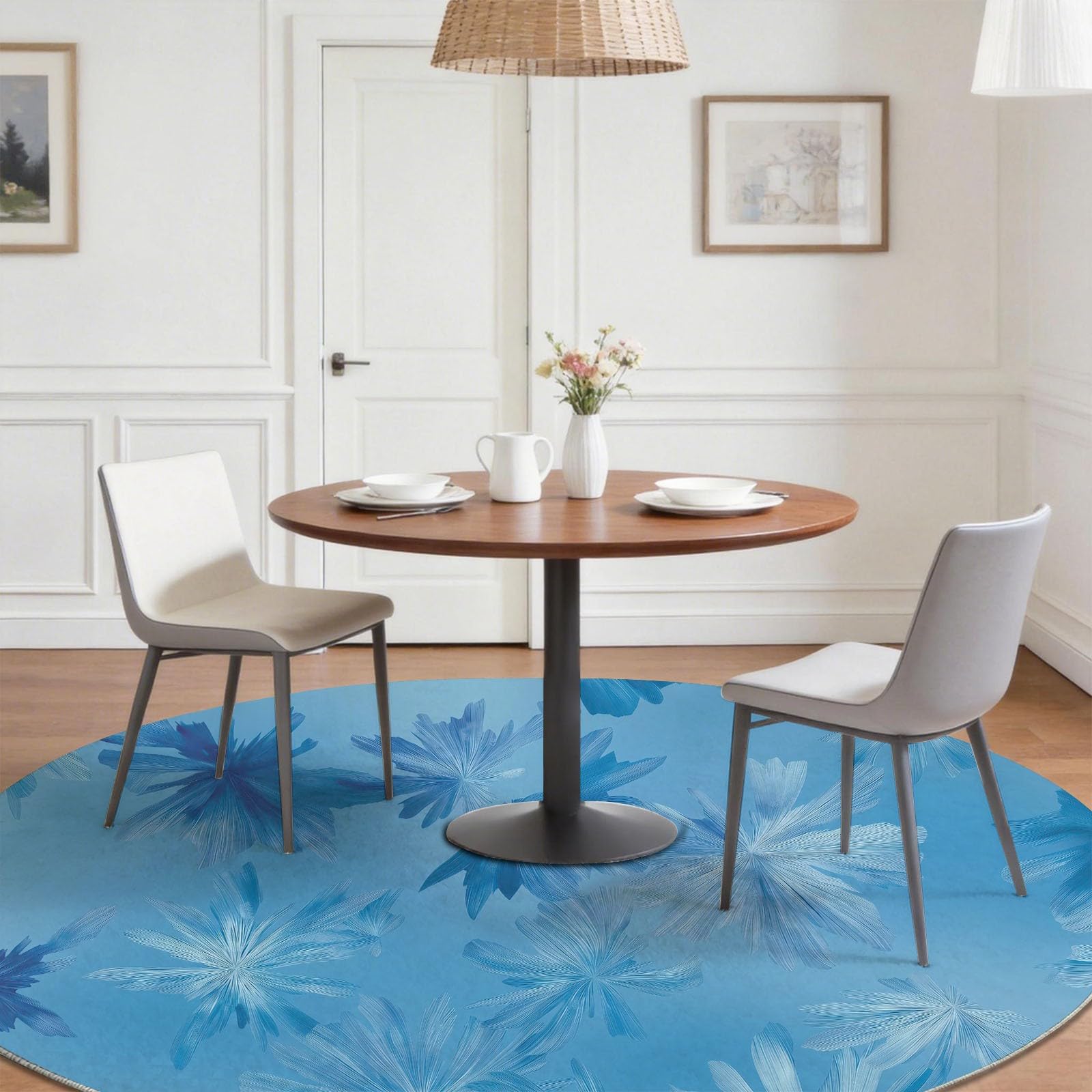 Générique 100 cm Tapis Rond Salon Doux Antidérapant, Bleu Abstrait Fleurs Étoile Doux Lavable en Machine Fin Romantique Moderne Tapis pour Chambre, Salle à Manger, Chambre d’Enfant, Coin Lecture