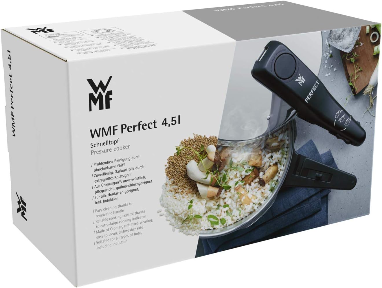 Hand pressing the pressure release button on the WMF pressure cooker lid