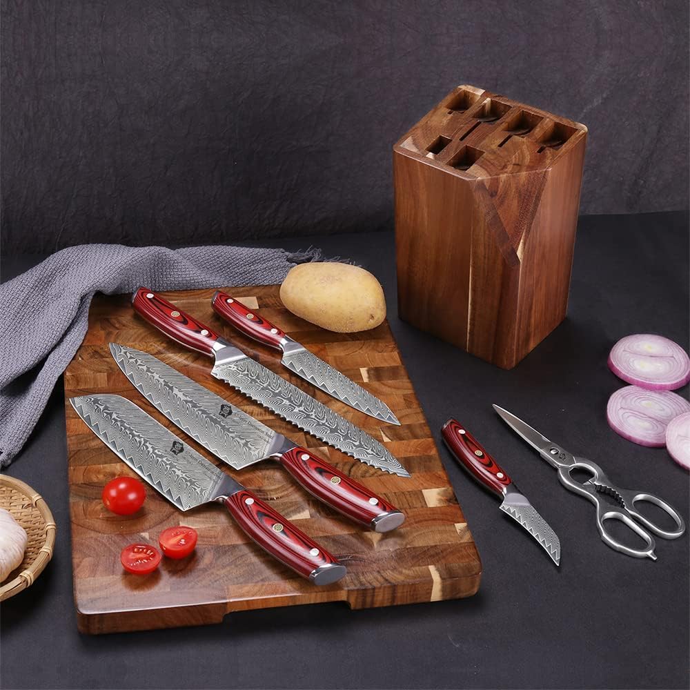 WILDMOK Damascus Knife Block Set 7 Pieces Kitchen Knife Set for Kitchen Professional Ultra Sharp Chef's Knife Santoku Knife with G10 Handle