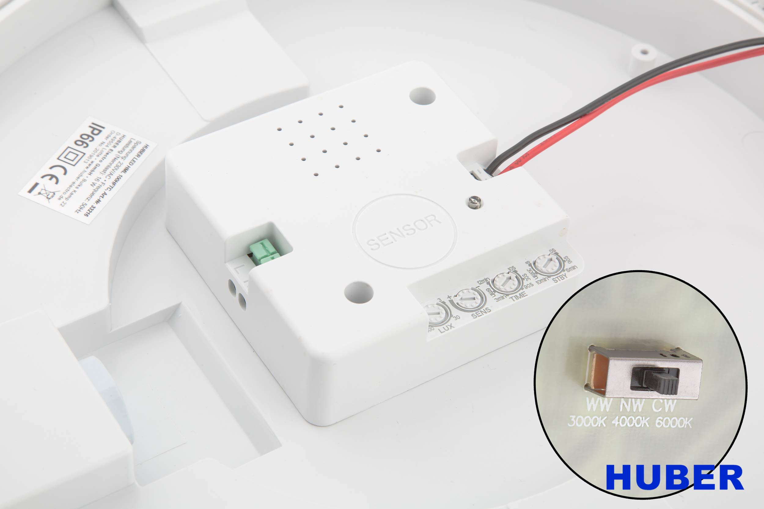 HUBER HML 100 HFTC LED Deckenleuchte mit Bewegungsmelder 1850lm 14W | Lichtfarbe einstellbar, 360° Erfassungsbereich, Für innen und außen, IP65, HF-Sensor
