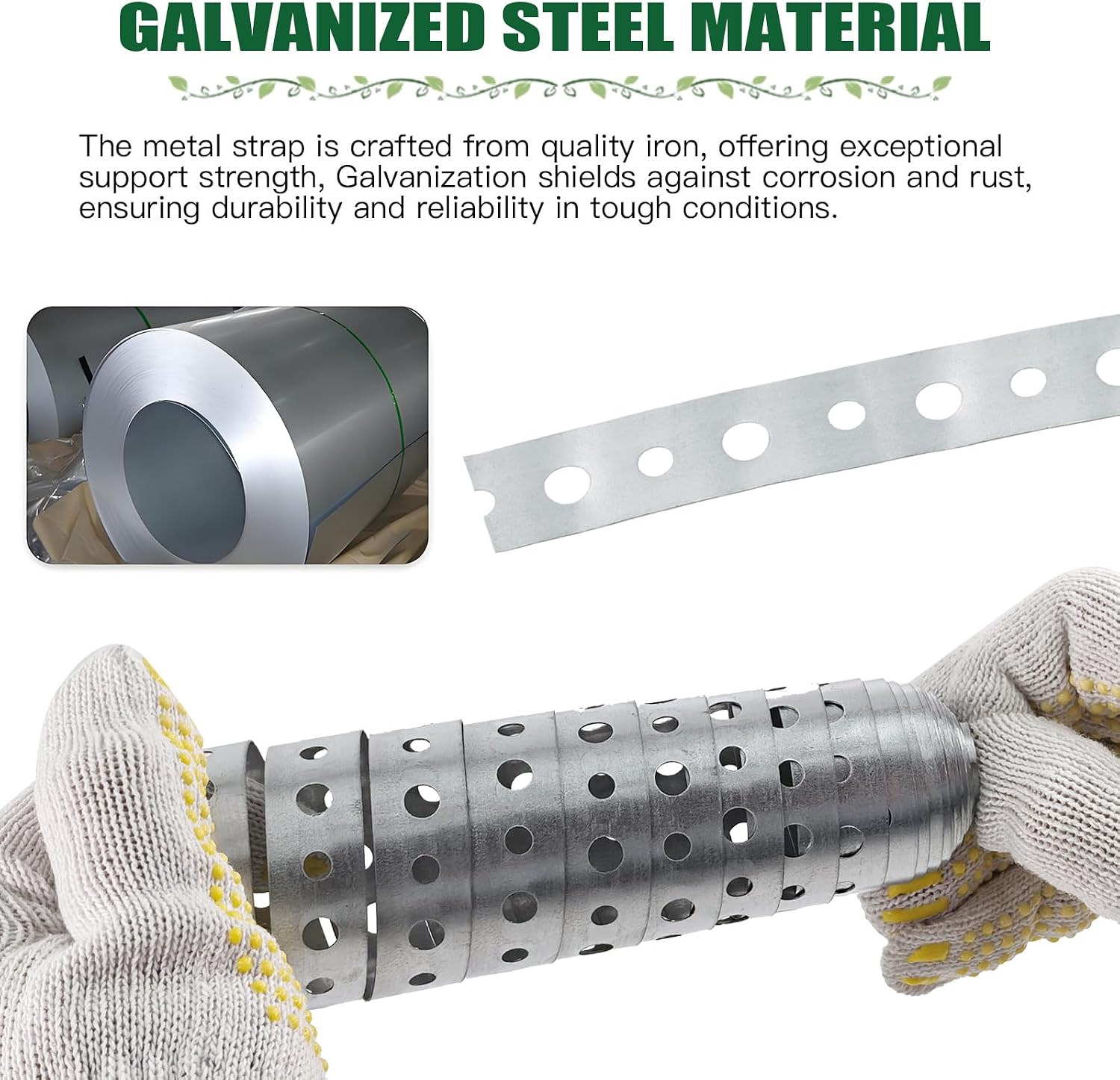 Keadic 2 Roll Galvanized Metal Pipe Strap 3/4-Inch x 10-Feet Gauge and Scissors, with 50 Pcs Screws and a Pair of Gloves for Pipe Support Hanging and Flexible Trimming with Holes