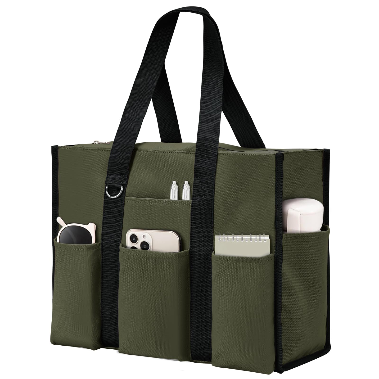 Becokan Large Tote Bag for Women Waterproof with 12 Pockets Top Zipper Closure Utility Teacher Nurse Bags for