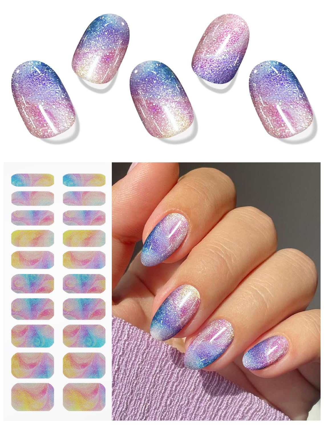 JMEOWIO Gel Nail Stickers Colorful Marble Glitter Semi Cured Gel Nail Strips Wraps UV/LED Nails Art Design Decoration Accessories - Image 3