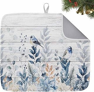 Christmas Dish Drying Mat Blue Eucalyptus Leaves Drying Matt for Kitchen Counter Bird Floral Wood Grain Winter Xmas Decor Absorbent Microfiber Quick Dry Pad Non Slip Drainer Mats 16x18 Inch
