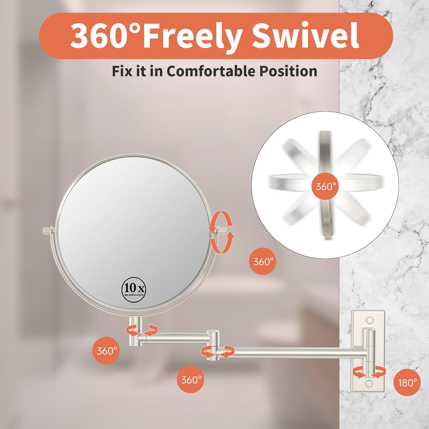 8" Wall Mounted Makeup Mirror 1X/ 10x Magnifying Mirror Double Sided Vanity Makeup Mirror for Bathroom Nickel Brush Finish