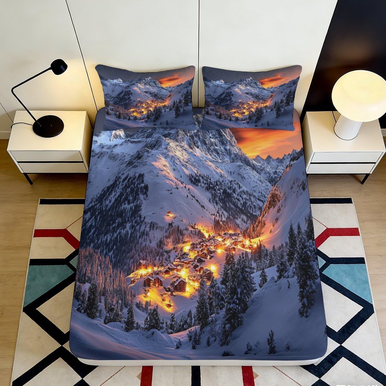 3D Printed Snowy Mountain Fitted Sheet Microfiber Soft Breathable Winter Village Bed Cover for Bedroom Dormitory Guest Room Mattress Protection Decor 180x200x25cm