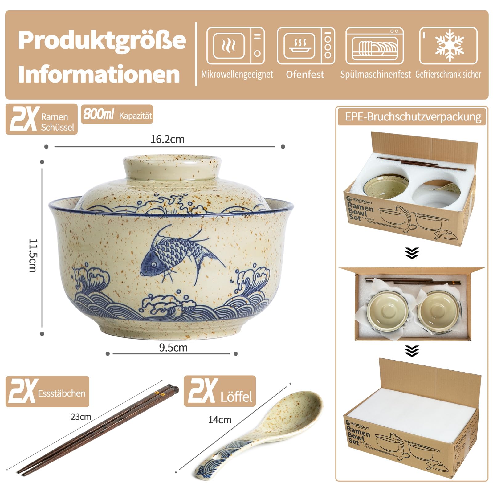 Ensemble de bols à ramen avec cuillère et baguettes, 2 x 800 ml Bols à ramen japonais en céramique avec couvercle, bols à soupe en porcelaine - Poisson