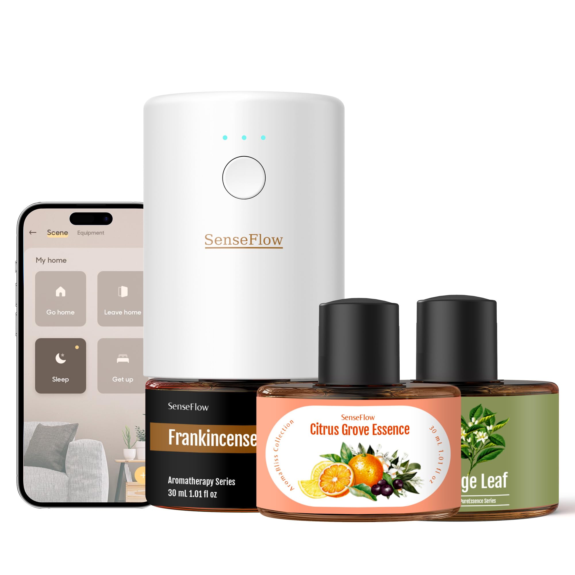 Dyfuzor zapachowy Wi-Fi SF101S Trio zestaw z 3 olejkami eterycznymi, bezwodna, ultradźwiękowa wtyczka zapachowa, 100% roślinny zapach do pomieszczeń, 120 dni aromatu do domu do 100 m² - B