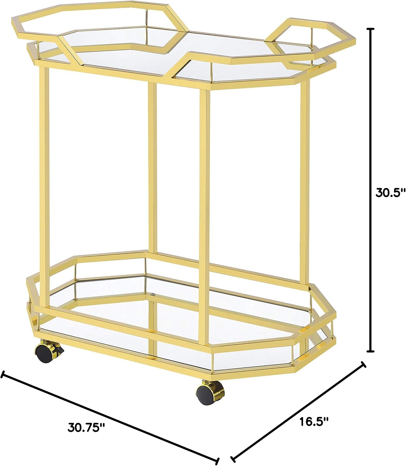 Coaster Home Furnishings 2-Tier Mirrored Casters Brass Serving Cart, 16.5" d x 30.75" w x 30.5" h, 181050