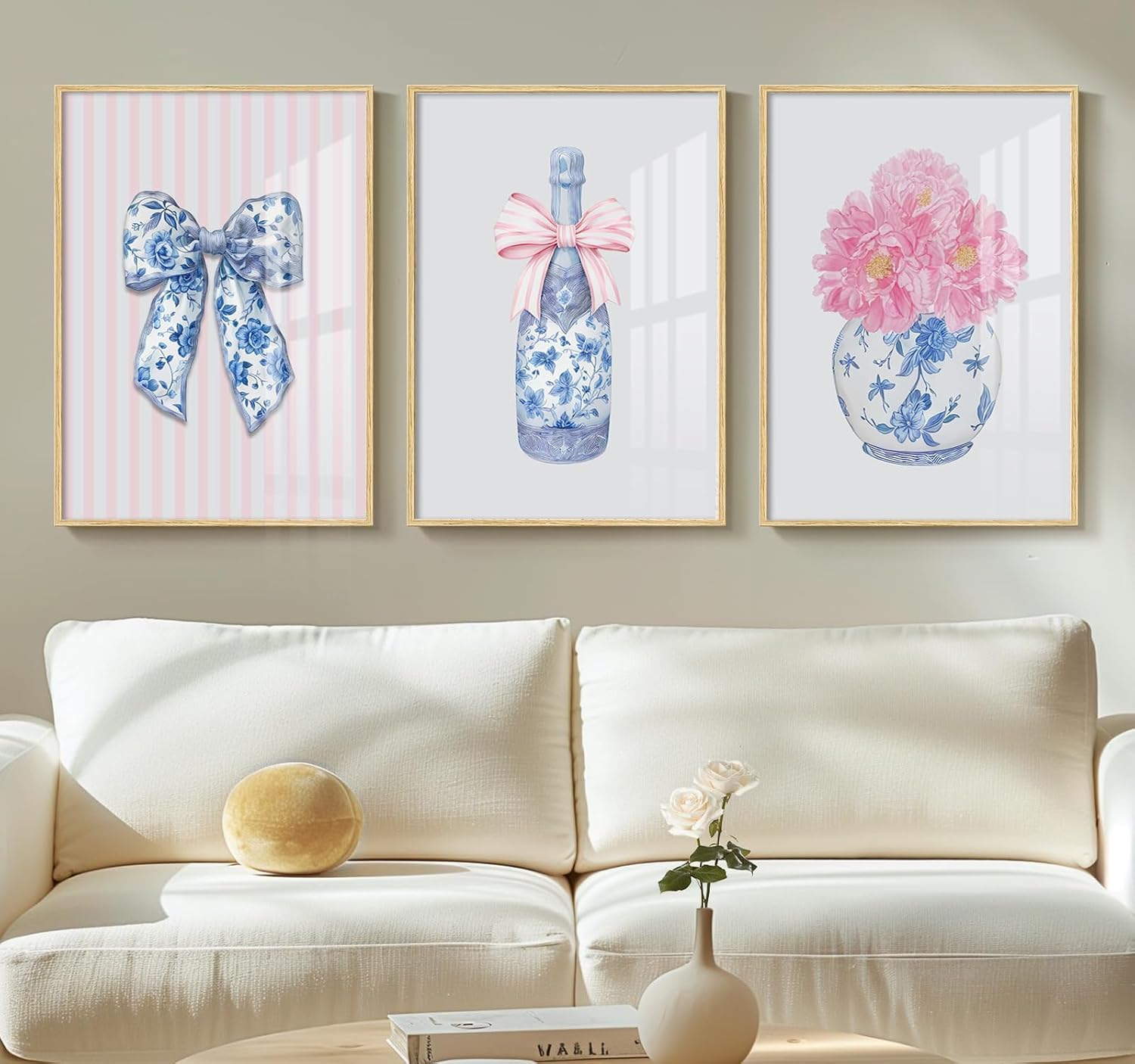 3 Piece Blue Pink White Chinoiserie Flower Canvas Wall Art Prints Set Preppy Bow Poster Blue Pattern Wine Bottle Bow Wall Decor Watercolor Trendy Aesthetic Painting for Girly Room 12x16 Inch Unframed
