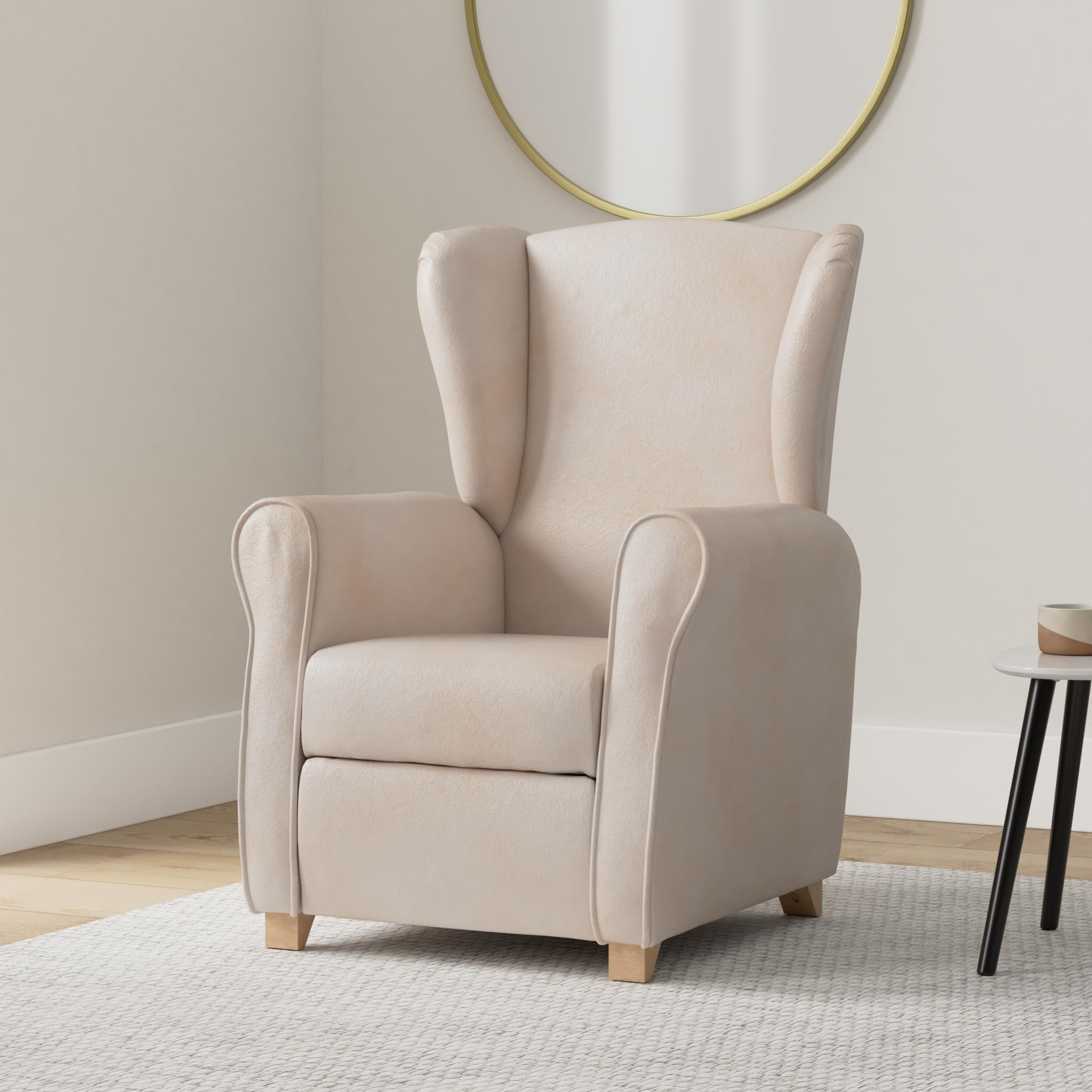 SUENOSZZZ-ESPECIALISTAS DEL DESCANSO Sillón Relax orejero Irene reclinable con Patas de Madera, Relax nórdico tapizado en Tela Antimanchas Beige