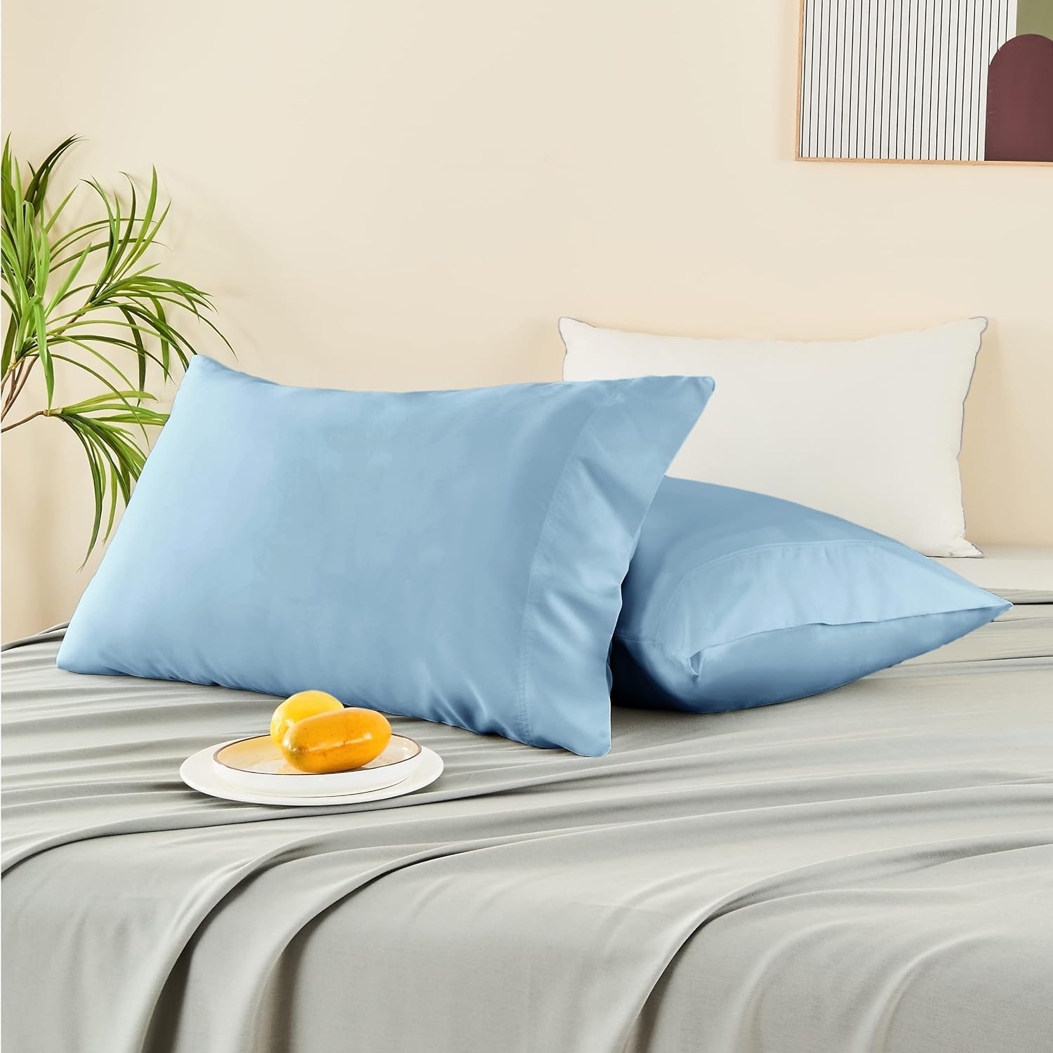 Woodentelio Satin Pillow Covers Set of 2 with 3 Free Random Color Scrunchies – Silky Smooth & Hair-Friendly (Sky Blue)-image-0