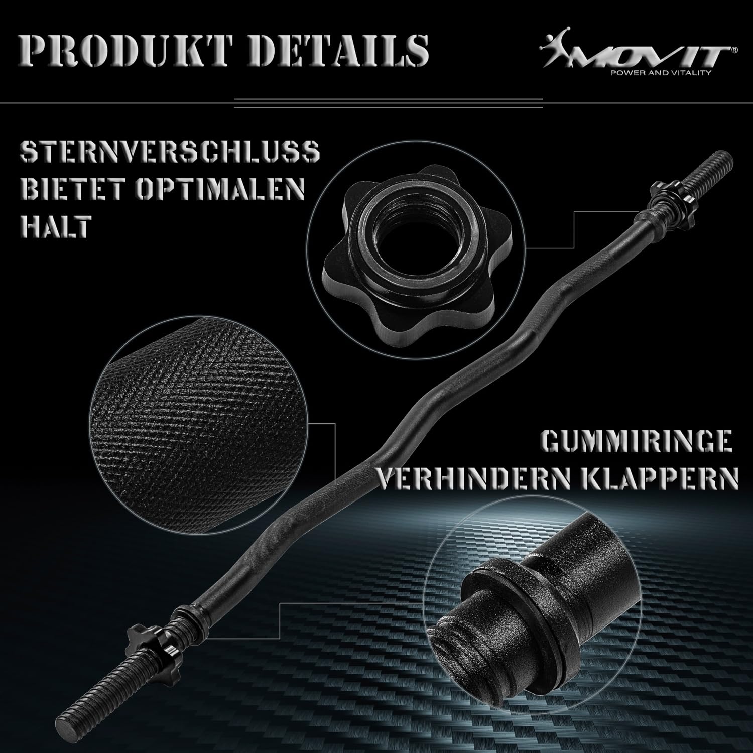 MOVIT Profi SZ Curlstange, 30mm STANDARDNORM, Auswahl: 120cm (7kg) o. 130cm (8kg), verchromt o. schwarz, Sternverschluss o. Federverschluss, Hantel Curl Stange Hantelstange