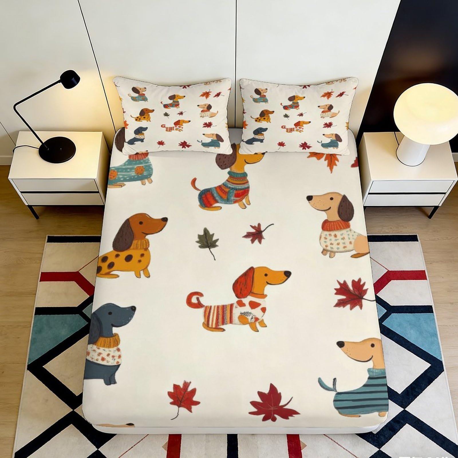 3D Printed Cartoon Dachshund Fitted Sheet Microfiber Soft Dog Pattern Bed Cover for Bedroom Guest Room Decor 90x200x25cm