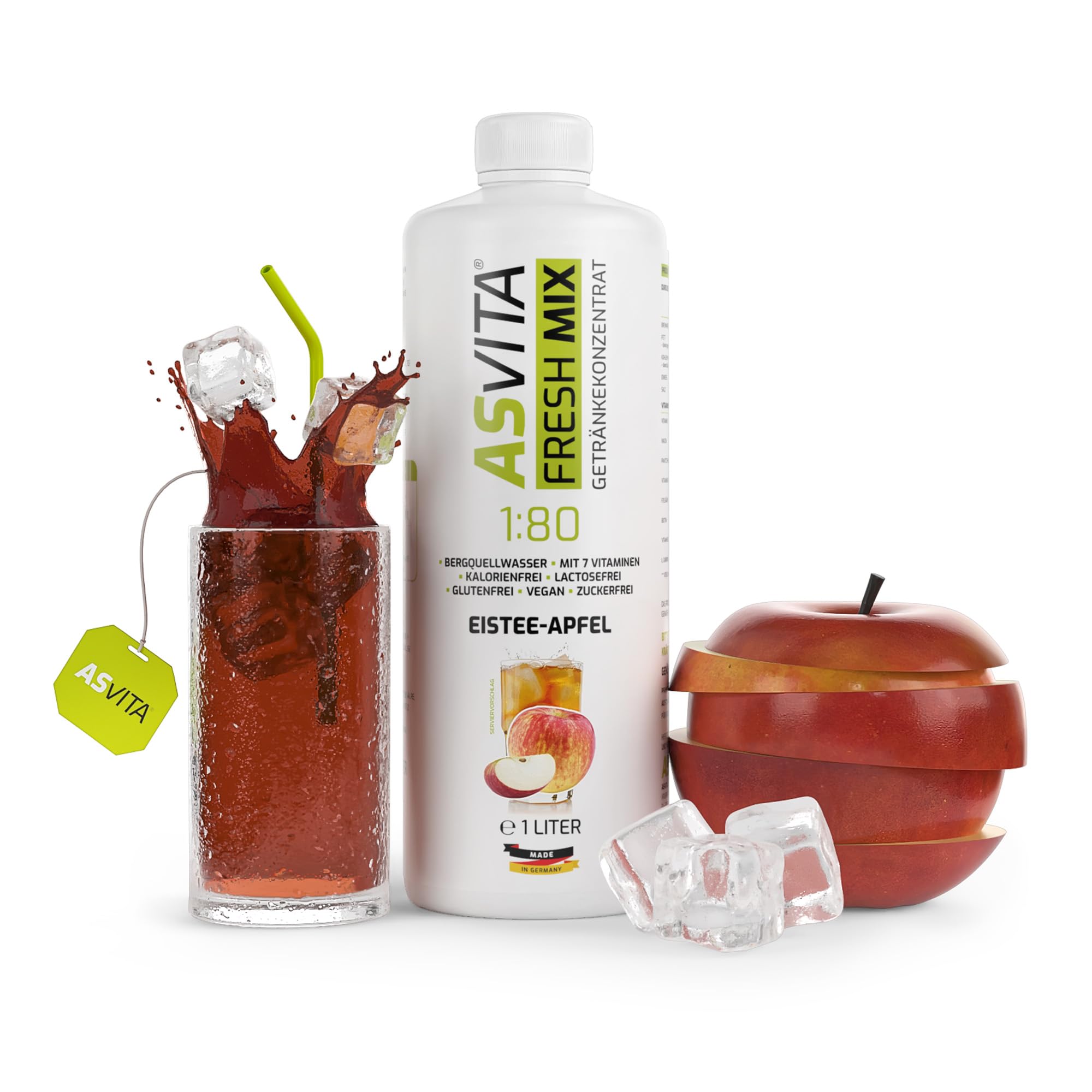 AsVita Getränkekonzentrat Fresh Mix 1:80-1 Liter Flasche - Getränkesirup zuckerfrei - 26 leckere Geschmacksrichtungen (Eistee-Apfel) für den Wassersprudler