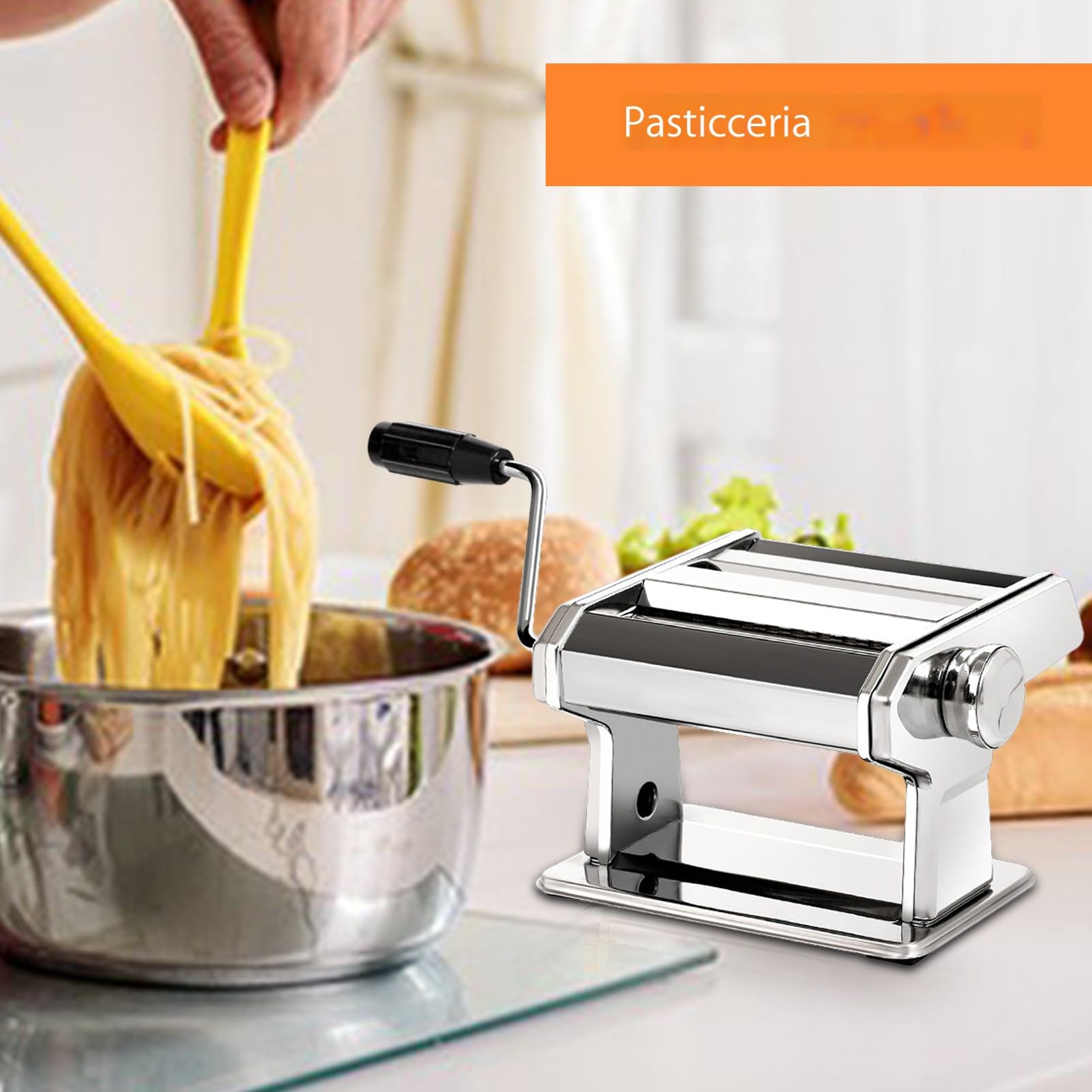 Máquina para hacer pasta - Acero inoxidable 18X18X13Cm 2,9kg | Prensa manual para extrusora de pasta para fideos | 9 Rodillo para espesor ajustable | Cocina doméstica Cocina Plata