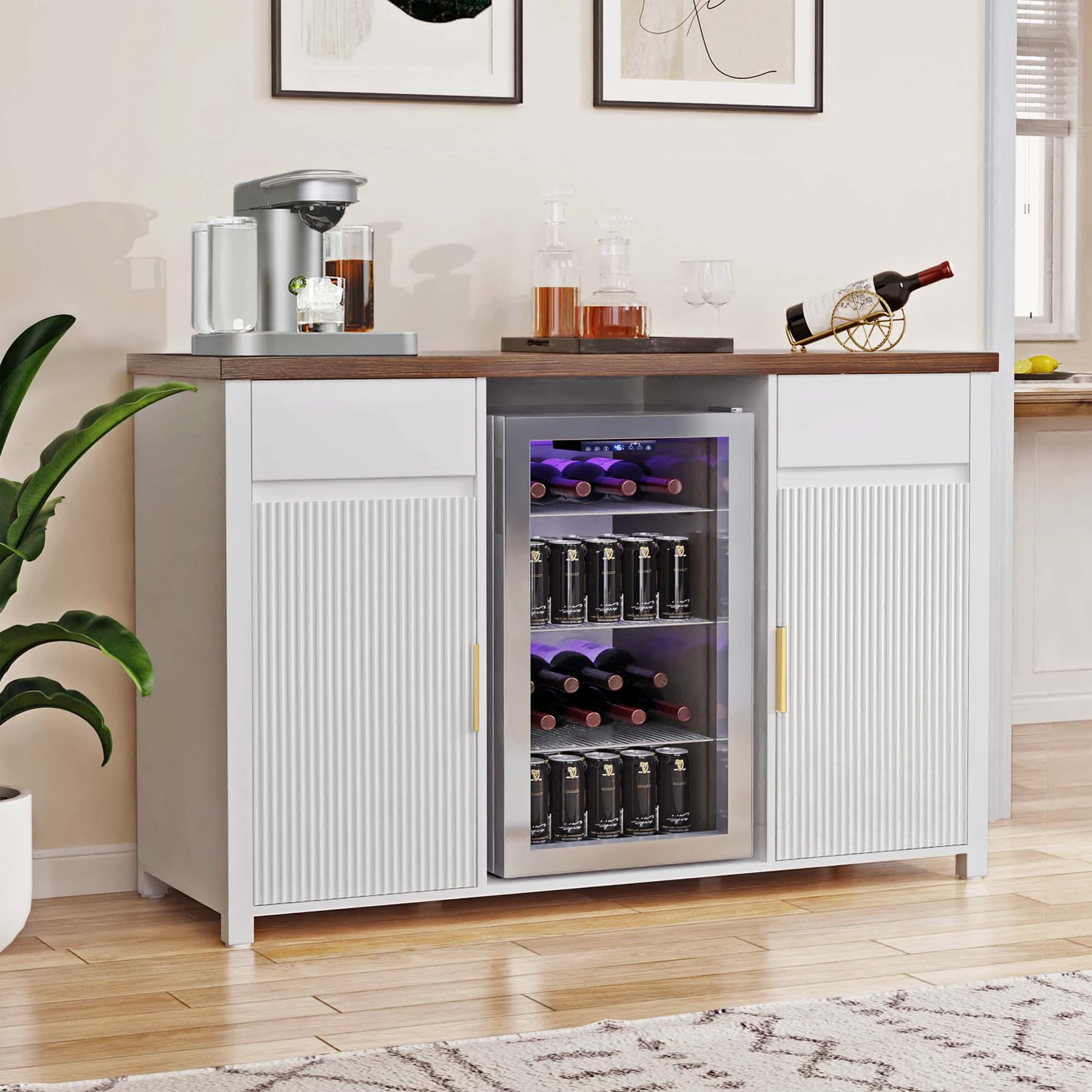 GDLF Large Coffee Bar Cabinet with Fridge Space, Mini Fridge Cabinet with Wine Storage, Buffet Sideboard Table for Home, Fluted Modern Design,53.2" L，White