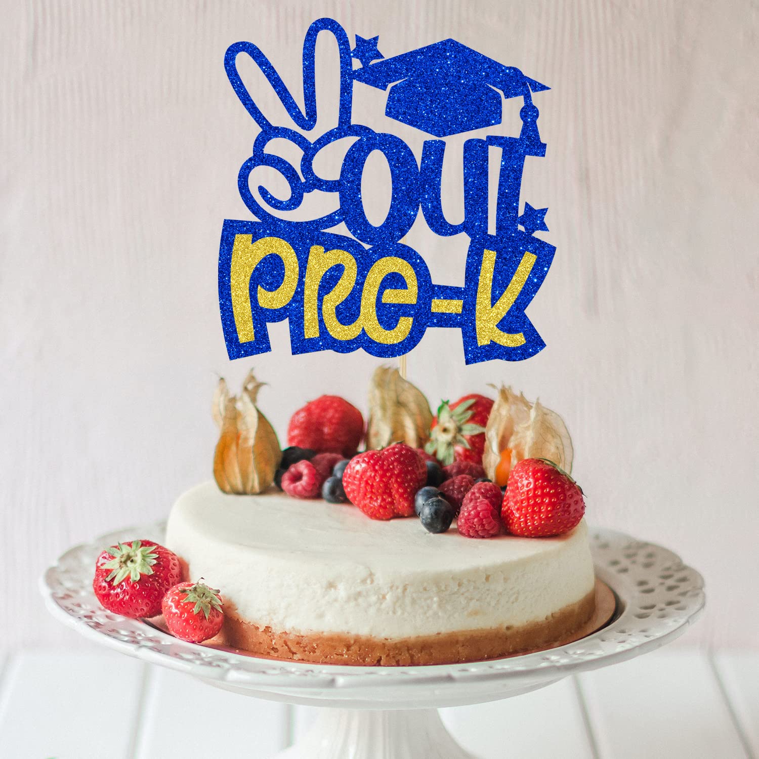 Out Pre-K Cake Topper - Blue Glitter Graduation Decor For Preschool Party & Cake
