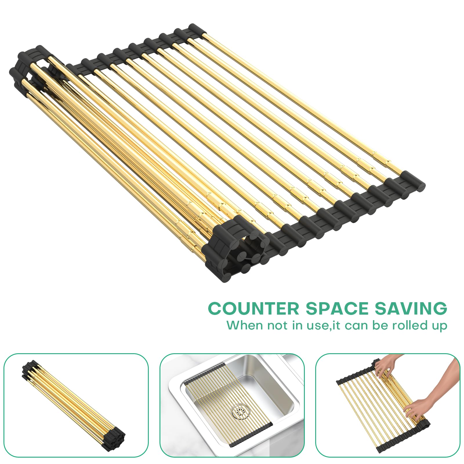 Grand égouttoir extensible,enroulable résistant à la chaleur pour éviers en acier inoxydable,pliable au-dessus de l'évier, égouttoir à vaisselle antidérapant en silicone doré,18 tubes,33 x54cm