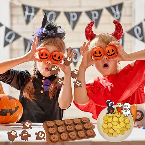 Miniatura 5 de KAISHANE 2 moldes de chocolate de Halloween, molde de silicona de 15 cavidades, diferentes formas de calabazas de Halloween, moldes de chocolate