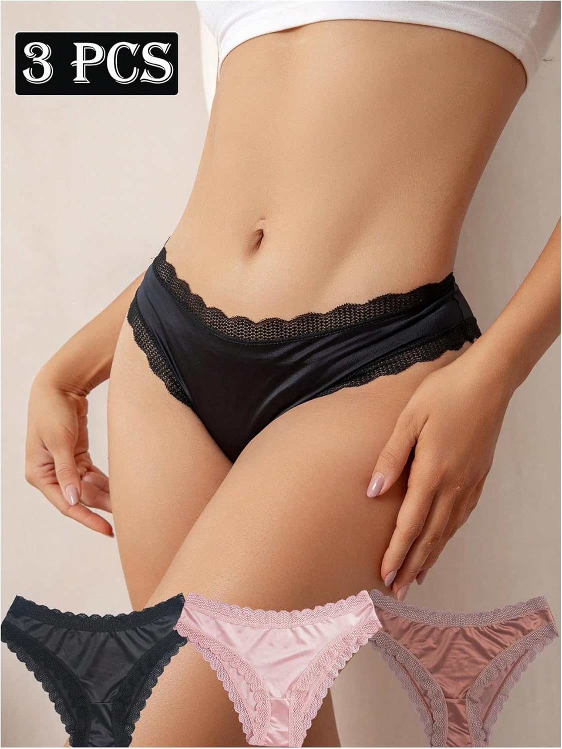 SHENHE Women's 3 Pack Satin Panties Lace Trim Low Rise Underwear Breathable Smooth Briefs - Image 5