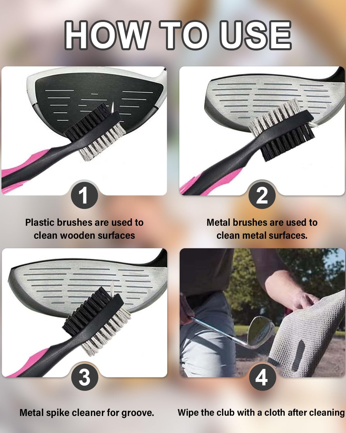 Spazzola per Mazze da Golf e Pulisci Groove Spazzola Doppio Lato Nylon, Acciaio con Setole per Pulire Faccia e Groove delle Mazze – Completo di Moschettone per Aggancio Comodo alla Sacca