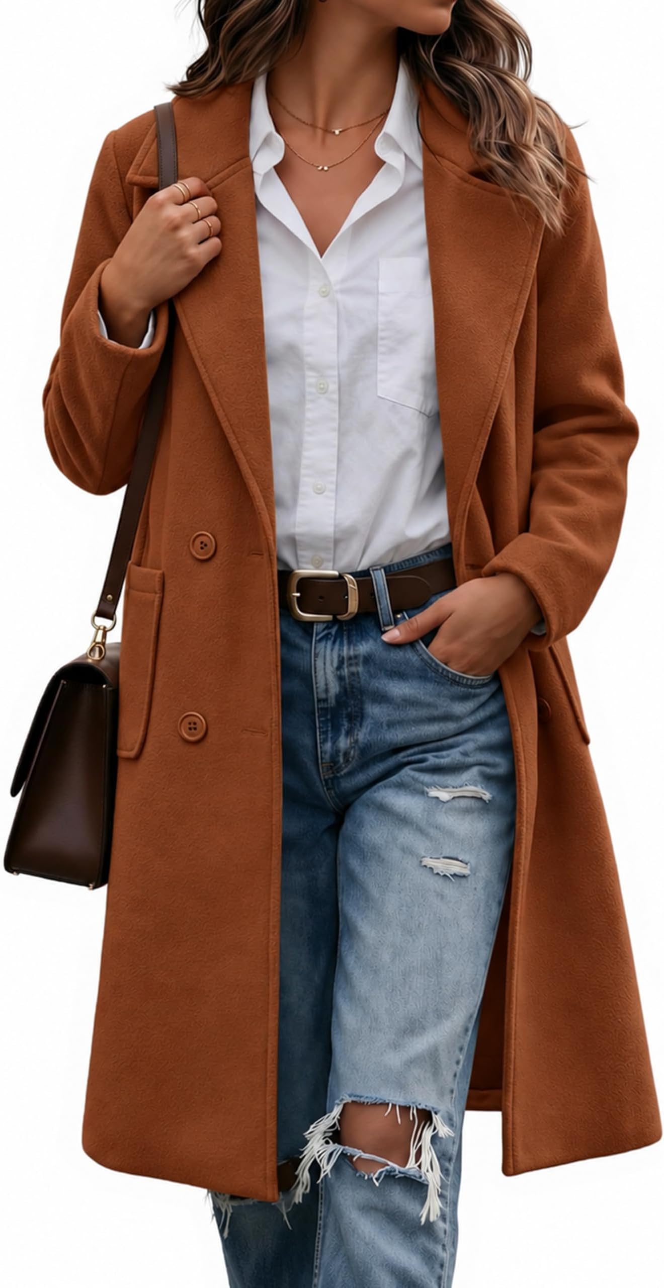 Bankeng Women Winter Wool Blend Camel Mid-Long Coat Notch Double-Breasted Lapel Jacket Outwear