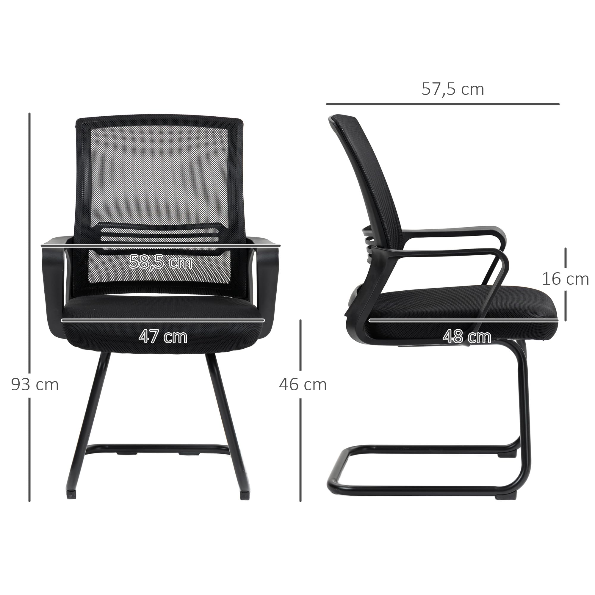 HOMCOM Sedia da ufficio a rete Sedia da ufficio senza rotelle, sedia ergonomica per riunioni con base a slitta, per sale conferenze, camere da letto, aree d'attesa, aree di ricevimento, nera