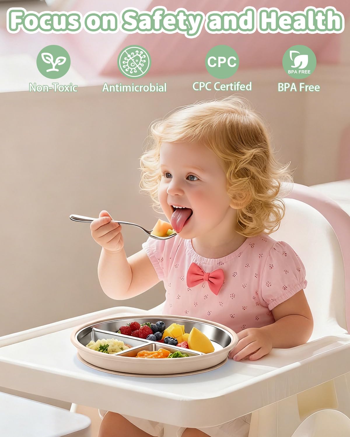 2 piatti per bambini in acciaio inox con grande ventosa, diametro 20 cm, con custodia in silicone rimovibile, lavabili in lavastoviglie, atossici e senza BPA (verde bianco)