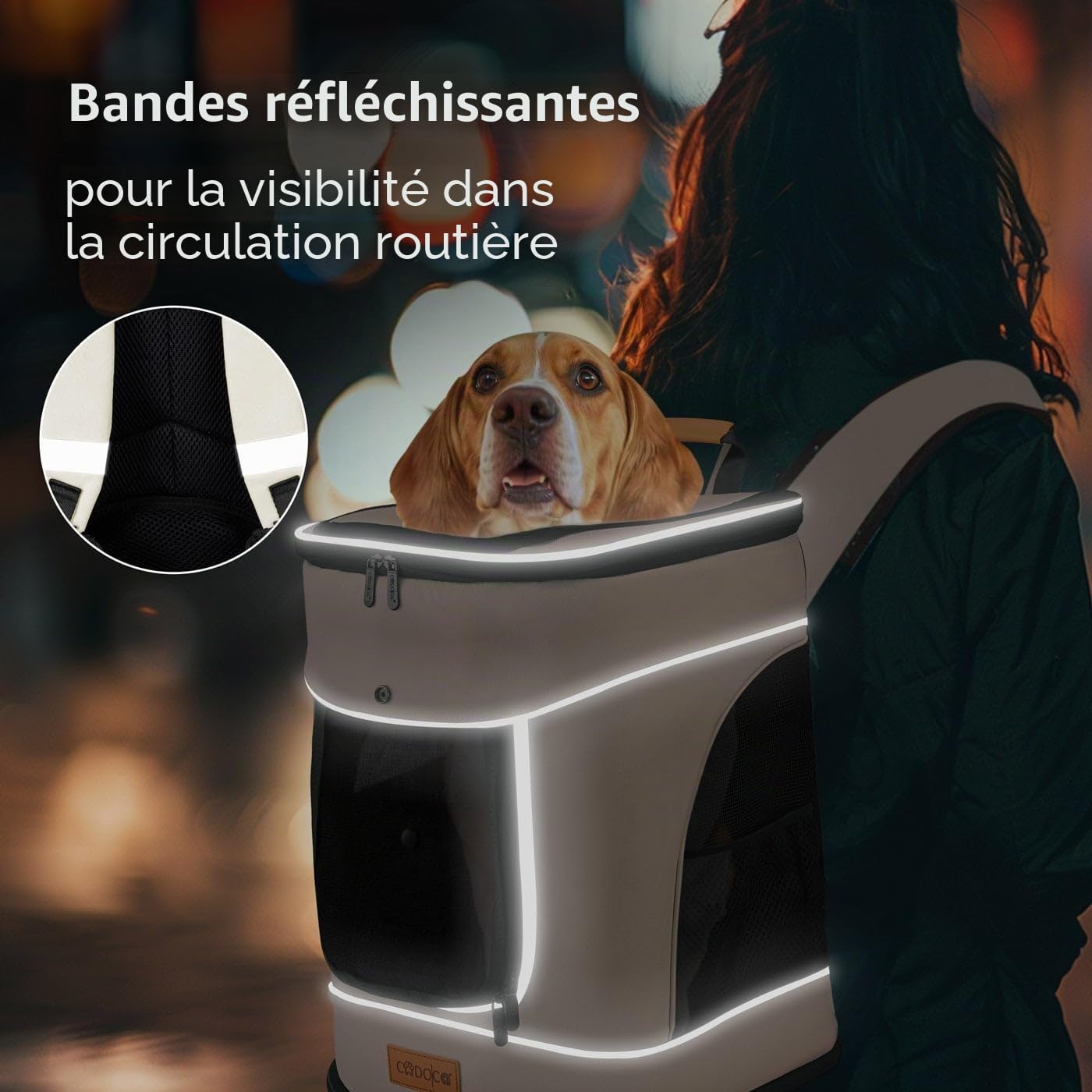 CADOCA® Sac à Dos pour Chat, Petit Chien, Animaux domestiques Beige 12 KG Poches latérales Laisse Incluse Sac de Transport