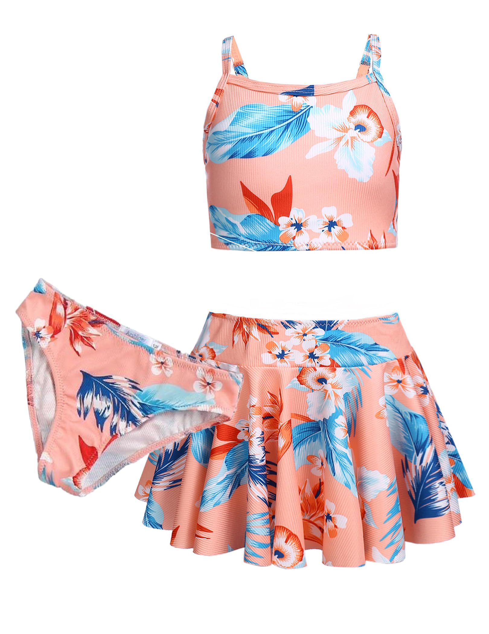 Arshiner Niñas Conjunto de Bikini Traje Baño de Verano de 3 Piezas Niños Tankini De Tres Piezas con Falda Estampado Floral Traje de Baño Bikinis para Niñas 5-14 Años