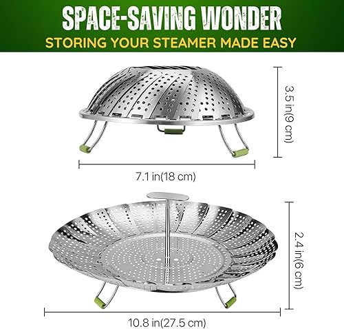 Miniatura 6 de Flexzion Cesta vaporera de verduras para olla Cesta de vapor de acero inoxidable para verduras, pescado, carnes, huevos Cesta de vapor plegable