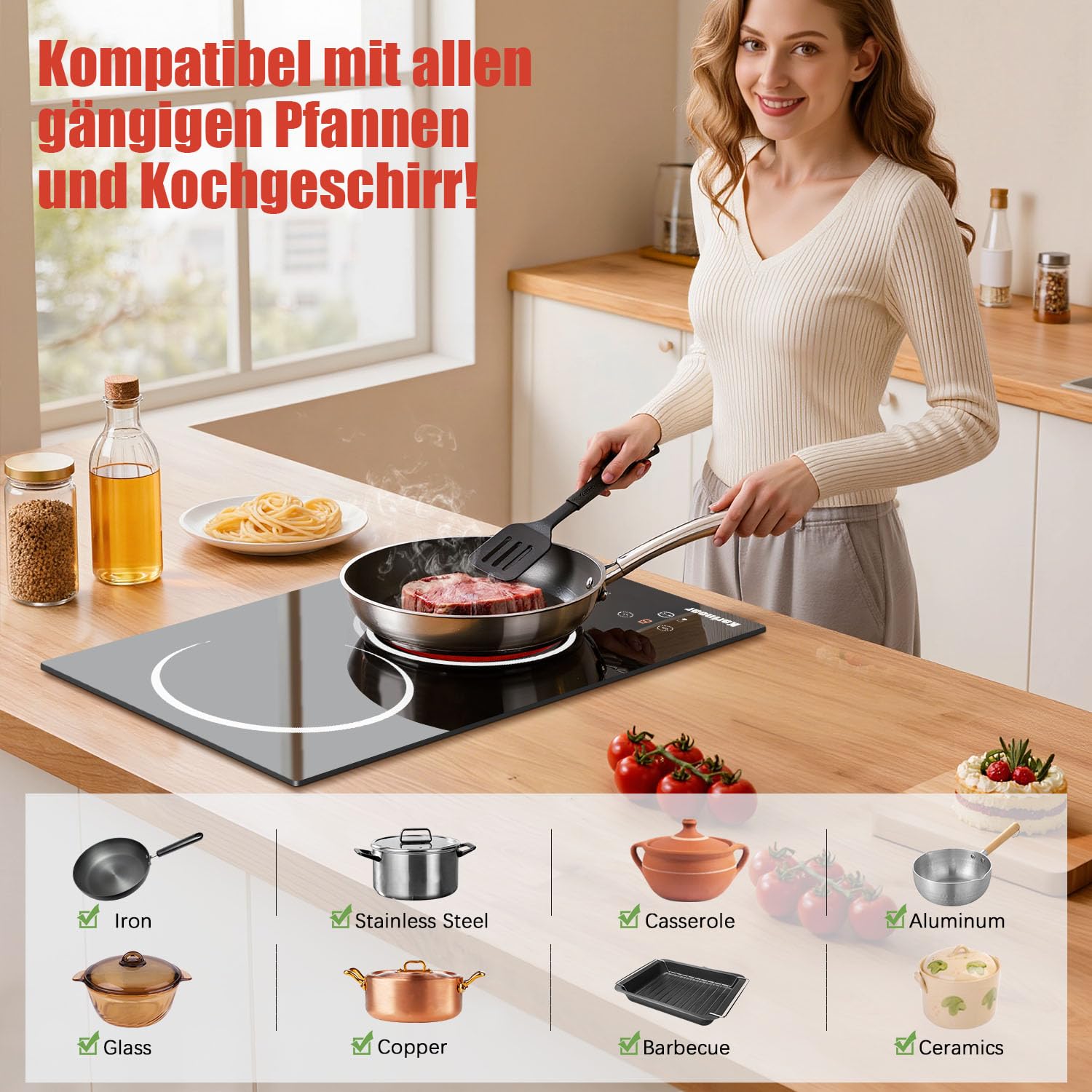 Karinear Glaskeramikkochfeld 2 Platten mit Stecker, Keramikkochfeld Doppel, 3000W Unabhängige Touch-Steuerung, Herdplatte 2 Kochfelder, Timer, Sicherheitsschloss, 240V