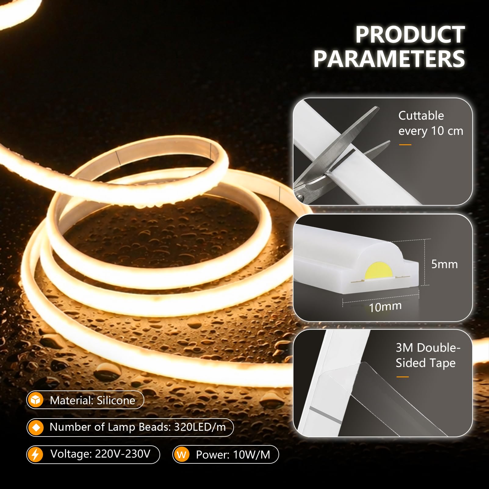 20m COB Tira de Luces LED 220V Adhesiva Exterior Sin Enchufe | Silicona Blanco Neutra 4000K Tiras Led Luz Impermeable IP65 Fita Led Strip Neón Flexible Para Habitacion, Interior, Exterior